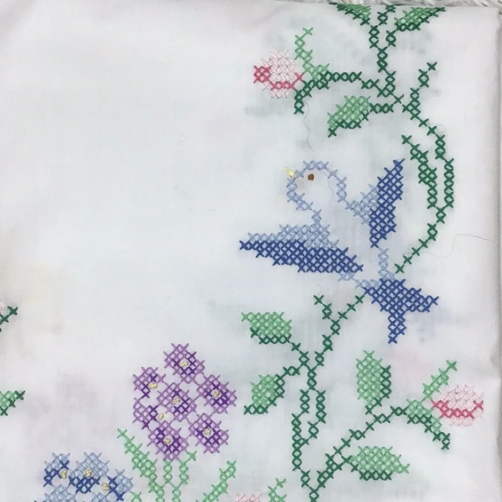 Hand cross stitched rectangle birds and butterflies tablecloth